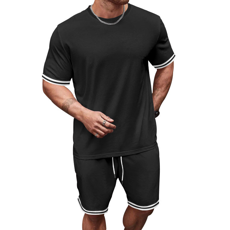 Men's casual jersey set consisting of short-sleeve shirt and bermuda shorts with contrasting stripes, elastic waistband, and insert pockets Mune Fashion