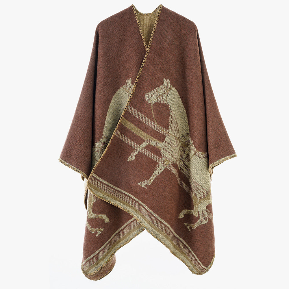 Women's poncho-cape made of wool blend with woven horse jacquard and contrasting piping Mune Fashion