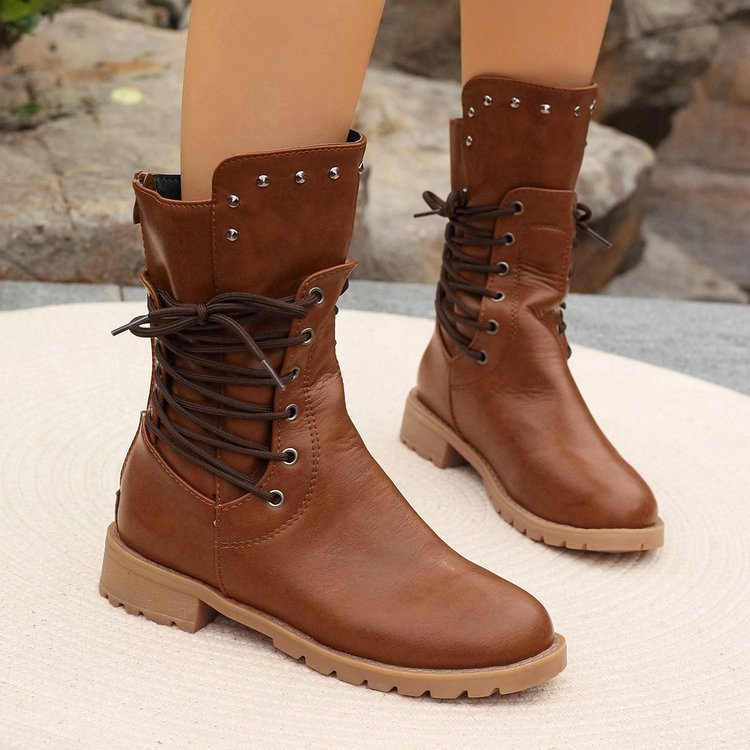 Women’s combat-style lace-up boots with stud detailing and chunky tread sole Mune Fashion