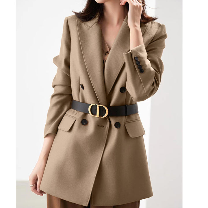 Women Tailored Longline Blazer with Double-Breasted Button Placket and Flap Pockets Mune Fashion