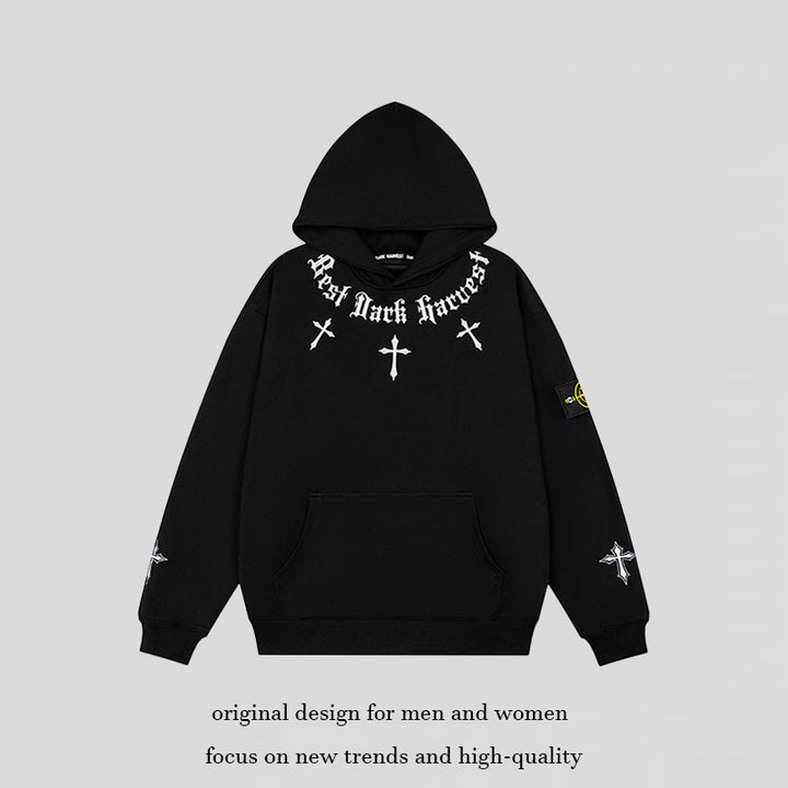 Unisex Oversize Hoodie with Gothic Cross Print, Kangaroo Pocket and Ribbed Cuffs Mune Fashion