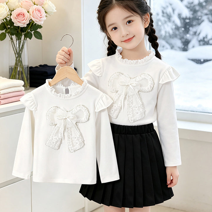Girl Long Sleeve Shirt with Romantic Ruffle Design and Decorative Bow Motif Mune Fashion
