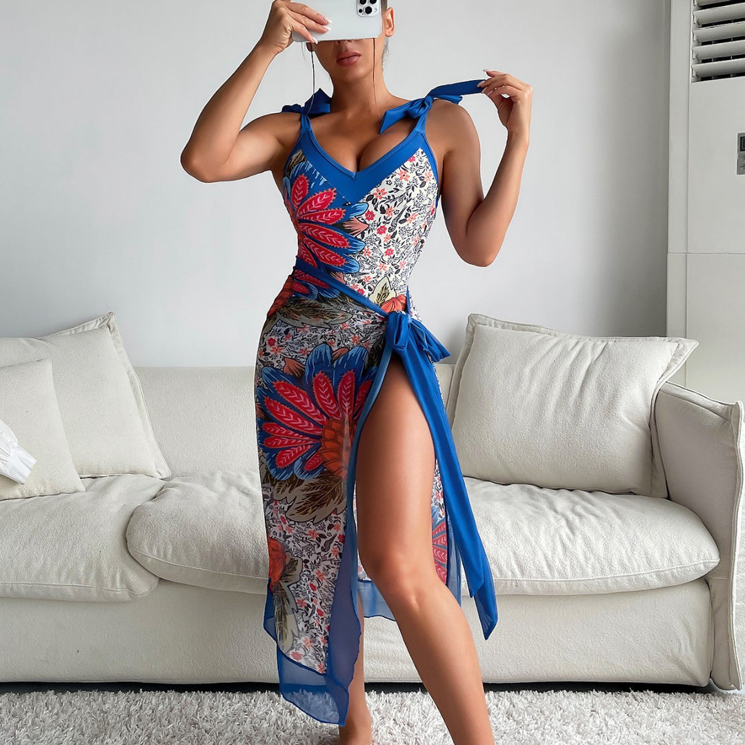 Women Elegant and Comfortable Floral Print Swimsuit with Matching Wrap Skirt Mune Fashion