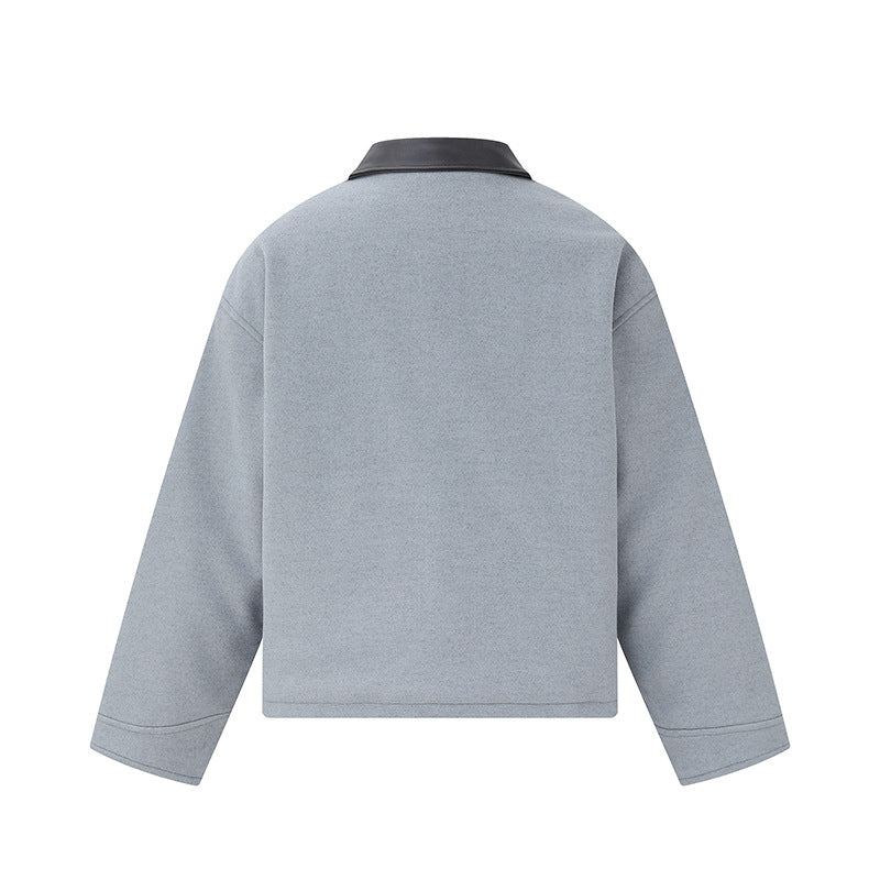 Unisex Short Blouson in minimalist Workwear look made of wool blend with leather look collar Mune Fashion