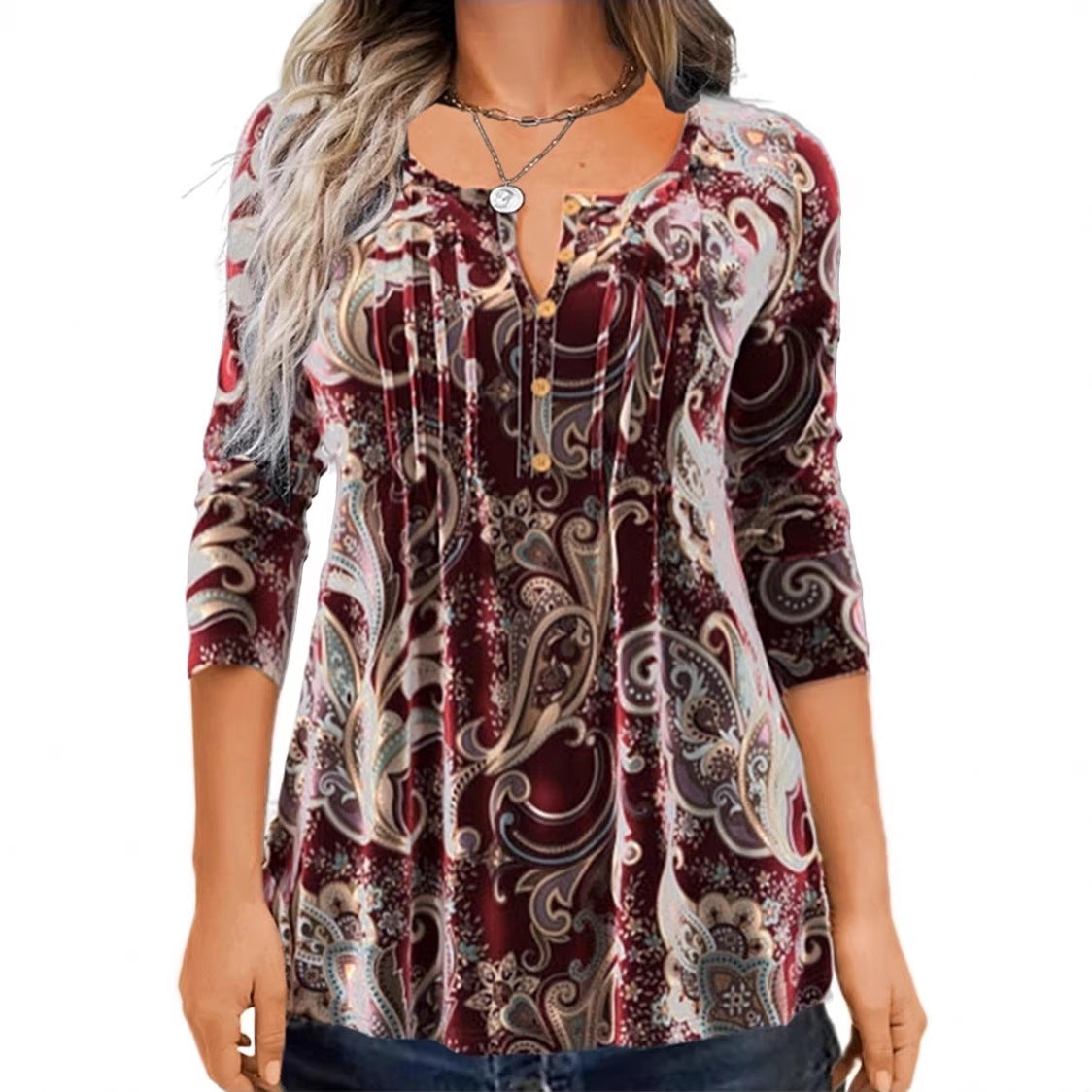 Women Paisley Tunic with 3/4 Sleeves, Pleats and Button Placket Mune Fashion
