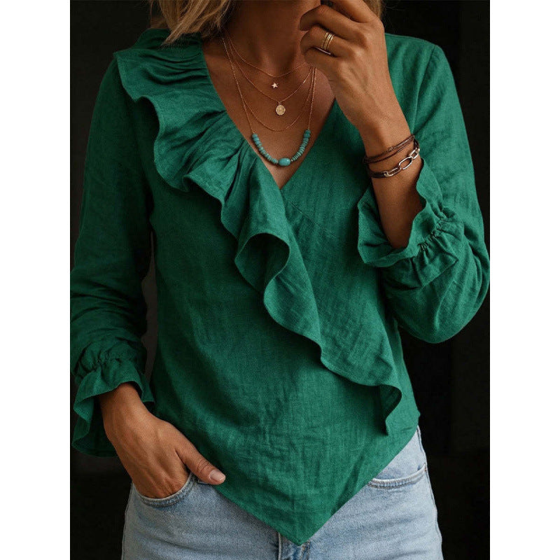 Women's Ruffle Blouse in Linen Look with Wrap Effect and Asymmetric Hem Mune Fashion