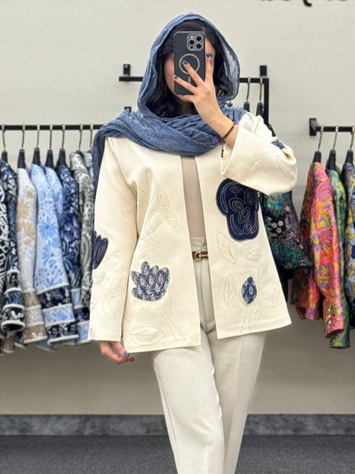 Women open cardigan blazer with floral embroidery & appliqués Mune Fashion