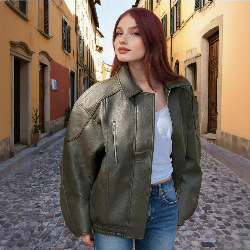 Women's Oversized Faux Leather Bomber Jacket with Elastic Hem, Concealed Snap Placket, and Asymmetric Zipper Pocket Mune Fashion