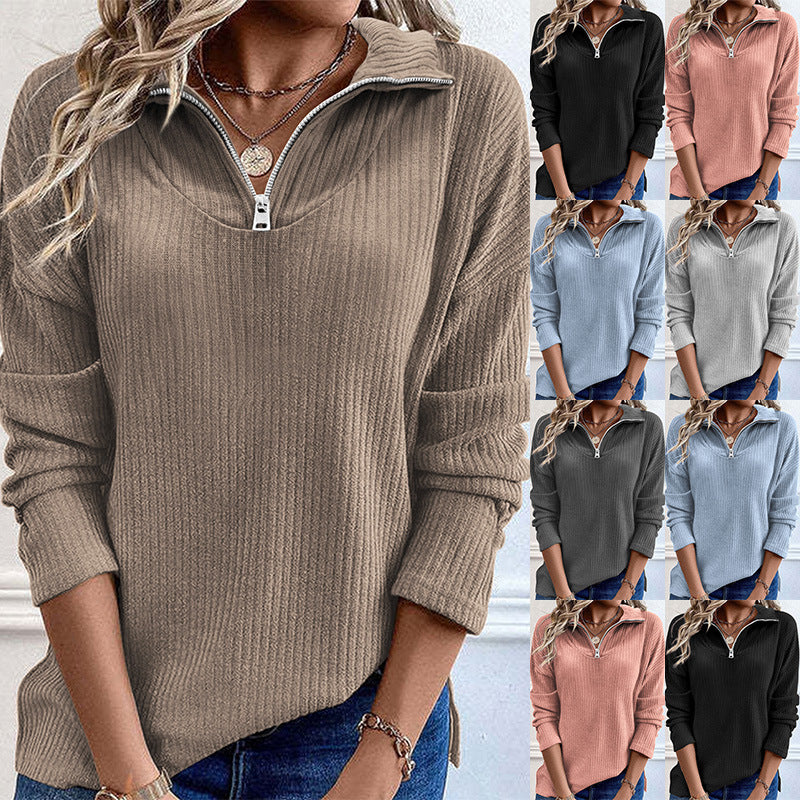 Women's Ribbed Fine Knit Sweater with Half Zipper and Stand-Up Collar Mune Fashion