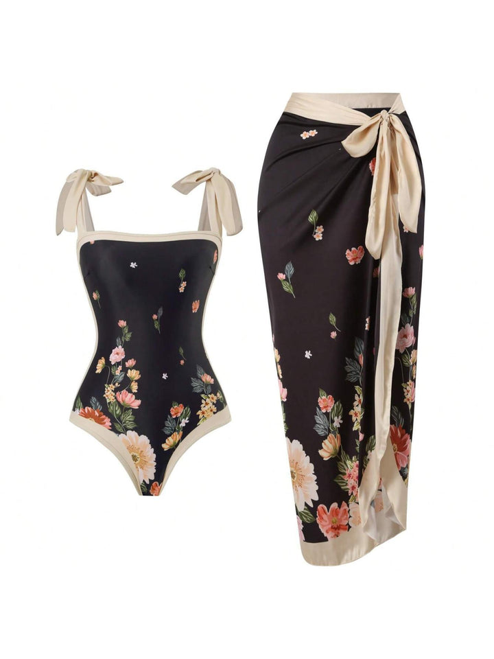 Women Elegant Swimsuit with Floral Accents and Fashionable Wrap Skirt Mune Fashion
