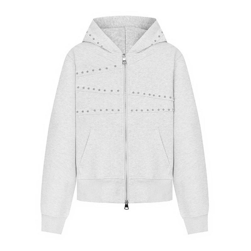 Women's hooded sweat jacket with studded accents, full-length zipper, and kangaroo pockets Mune Fashion