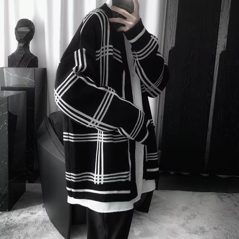 Men's Oversized Knit Cardigan with Check Pattern and Open Front Mune Fashion