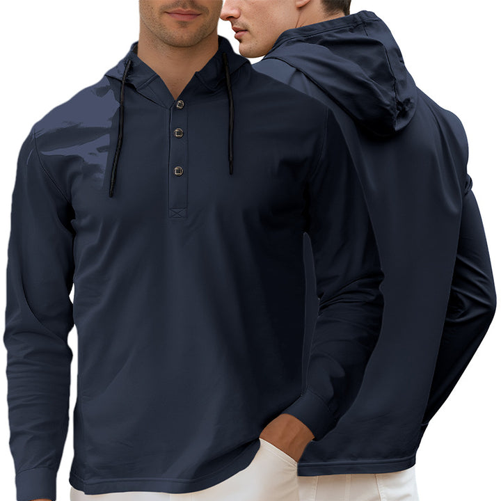 Men's Hooded Henley Long Sleeve Shirt made of lightweight stretch jersey with drawstring Mune Fashion
