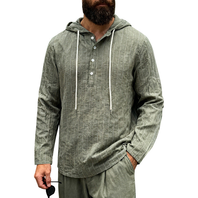 Men's linen blend hoodie shirt with half button placket and pinstripes Mune Fashion