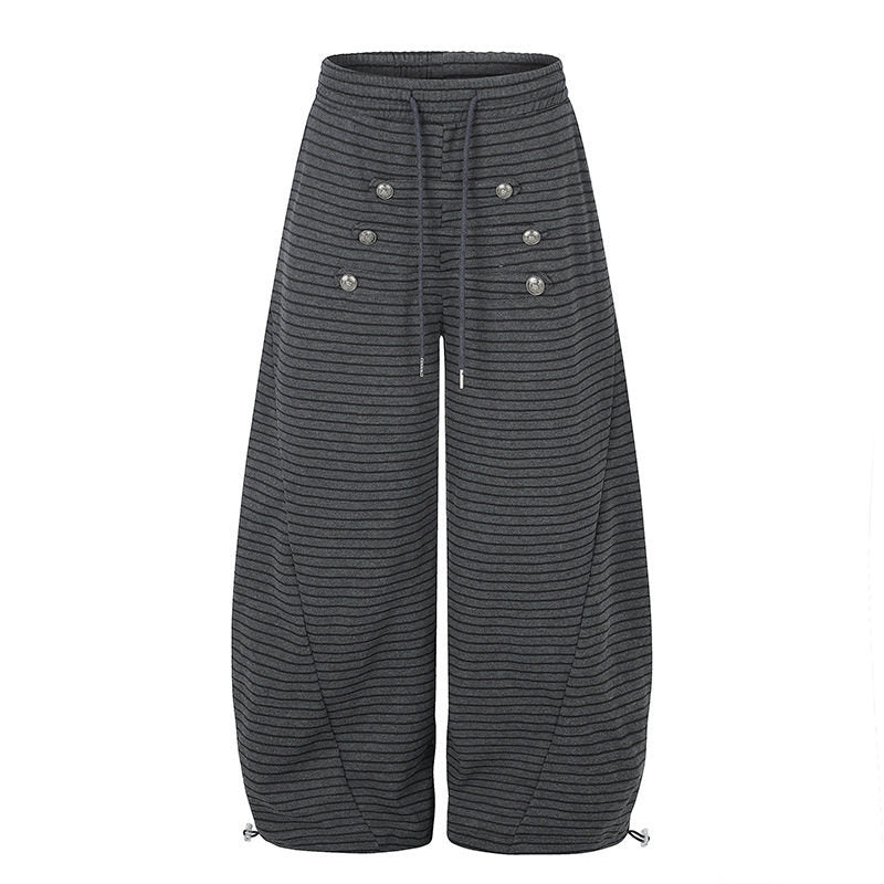 Women's Wide Palazzo Culotte Sweatpants with Drawstring Waistband and Decorative Button Placket Mune Fashion