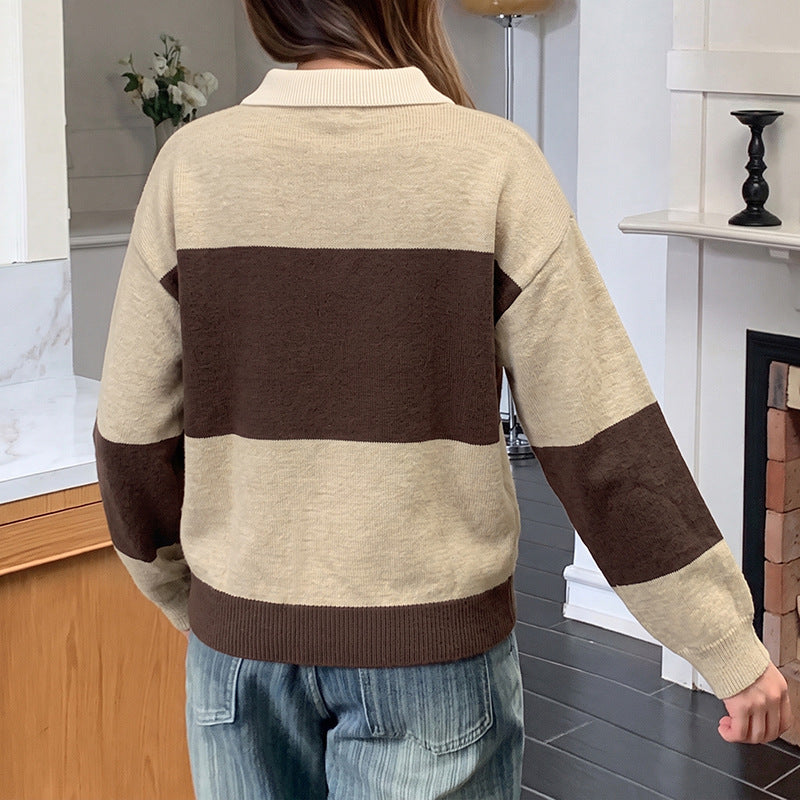 Women Striped Fine Knit Polo with Button Placket and Loose Fit Mune Fashion