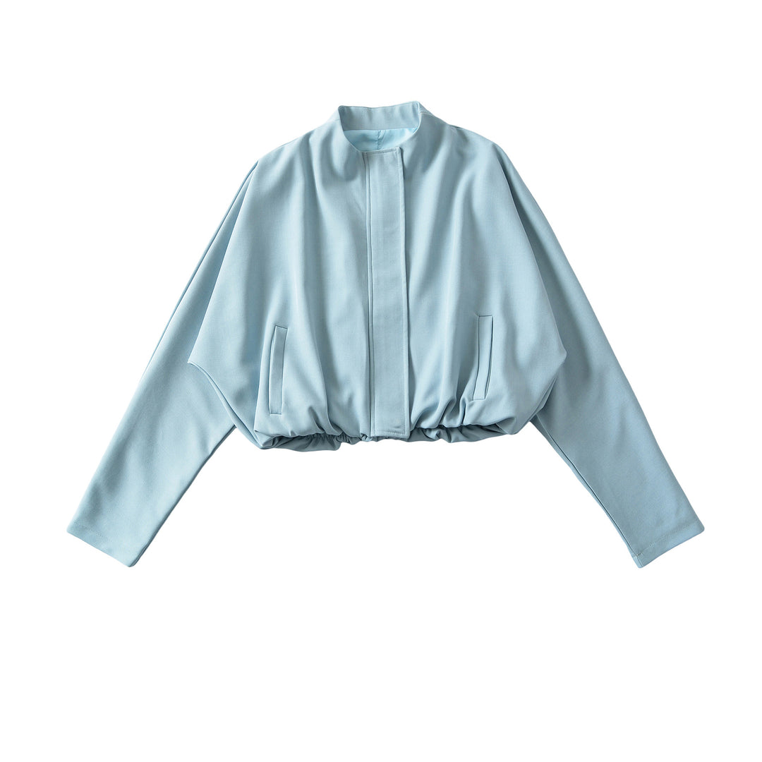 Women's Cropped Cape Blouson with Stand-Up Collar, Concealed Placket, and Elastic Hem