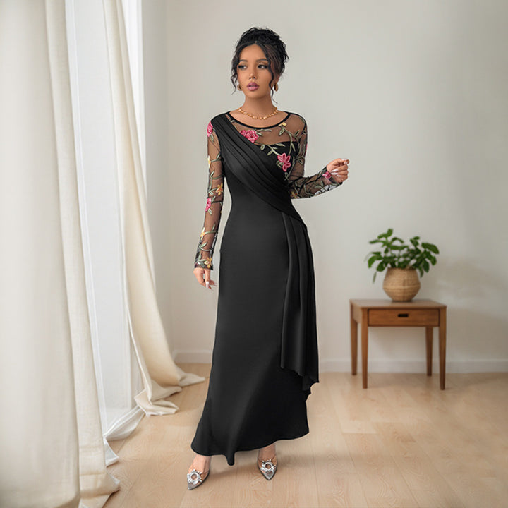 Women's evening dress with embroidered mesh sleeves, asymmetrical drape and waist sash Mune Fashion