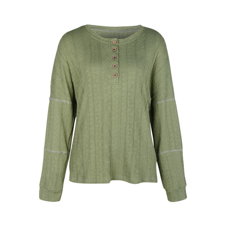 Women's Loose Knit Henley with Cable Pattern, Button Placket and Dropped Shoulder Mune Fashion