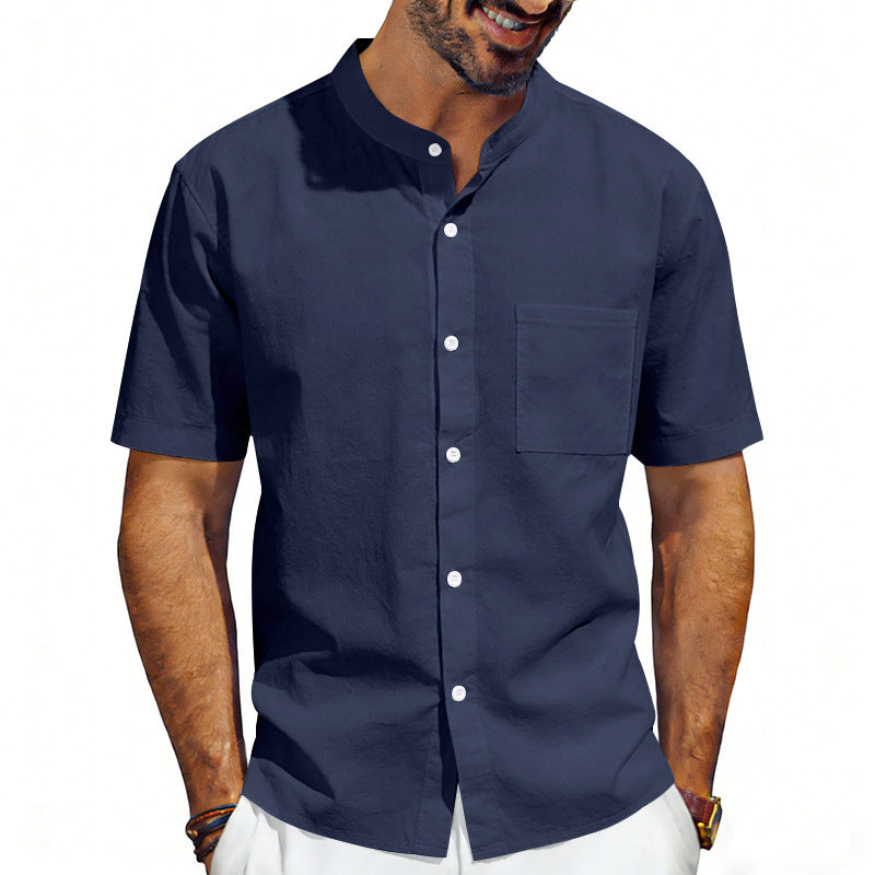 Men's short-sleeved linen shirt with stand-up collar and chest pocket Mune Fashion