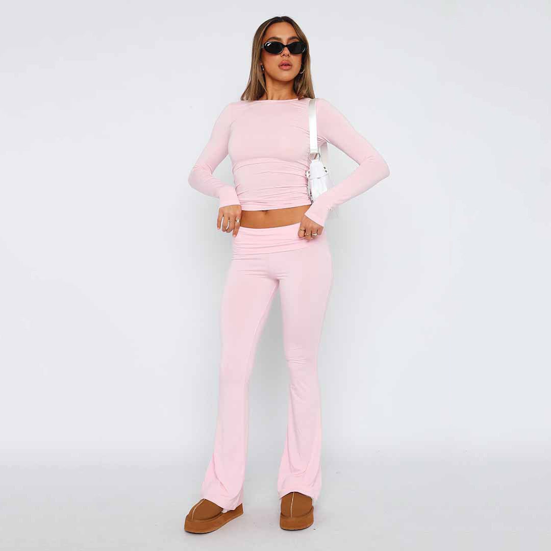 Women’s Stretch Lounge Set with cropped long sleeve top and flared high-waisted pants Mune Fashion