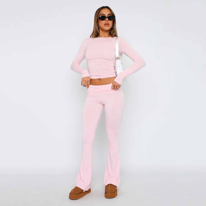 Women’s Stretch Lounge Set with cropped long sleeve top and flared high-waisted pants Mune Fashion