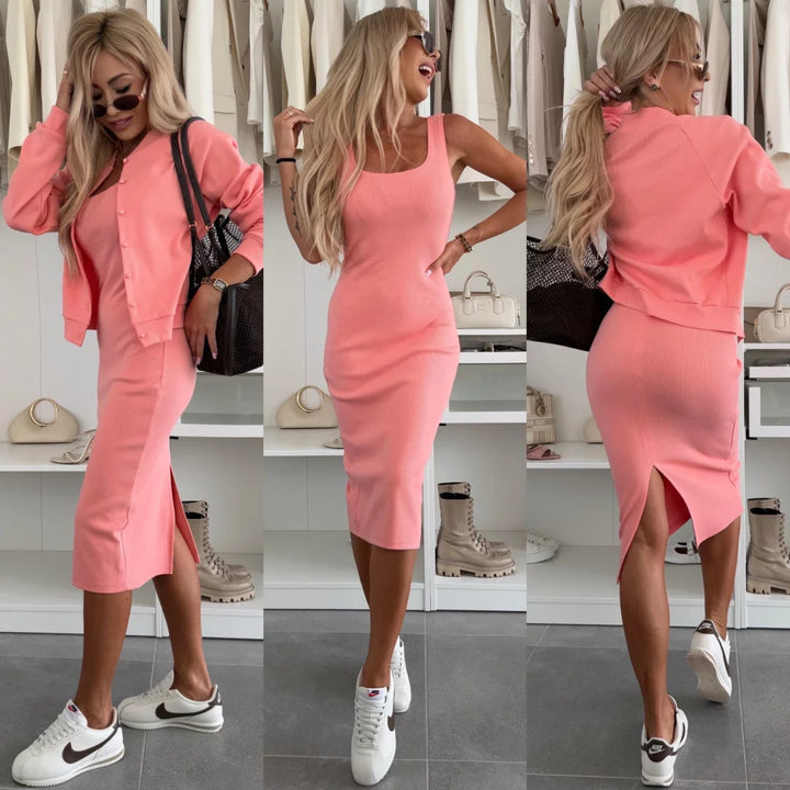 Women's fitted knitted midi dress with fine ribbed structure and short button jacket Mune Fashion