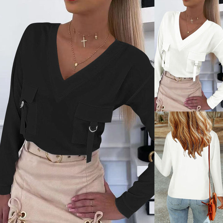 Women V-Neck Sweatshirt with Cargo Pockets and D-Ring Details Mune Fashion
