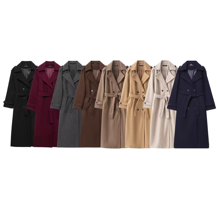Women's Long Double-Breasted Wool Coat with Waist Belt and Epaulettes Mune Fashion