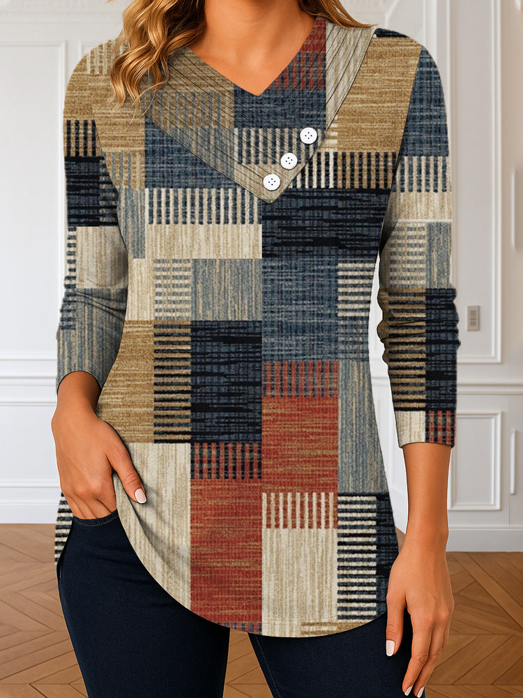 Women's long sleeve tunic with asymmetric V-neck, decorative button placket, and checkered patchwork pattern Mune Fashion