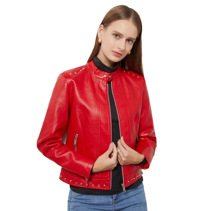 Women's cropped tailored faux leather jacket with stand-up collar two-way zipper and decorative stud hem Mune Fashion