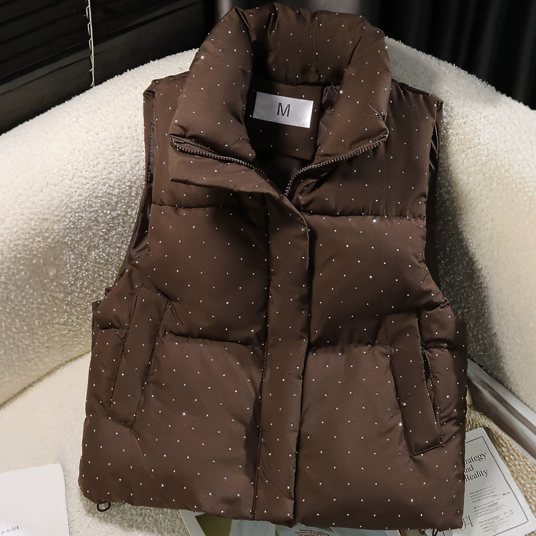 Women's Padded Quilted Vest with High Collar and Discreet Rhinestone Applications Mune Fashion