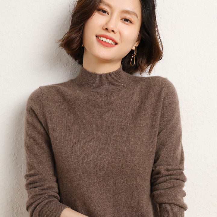 Women Luxurious Cashmere Fine Knit Sweater with Standing Collar Mune Fashion