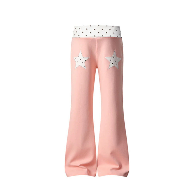 Women's Flared Lounge Pants with Cuff Waistband and Star Motif Mune Fashion