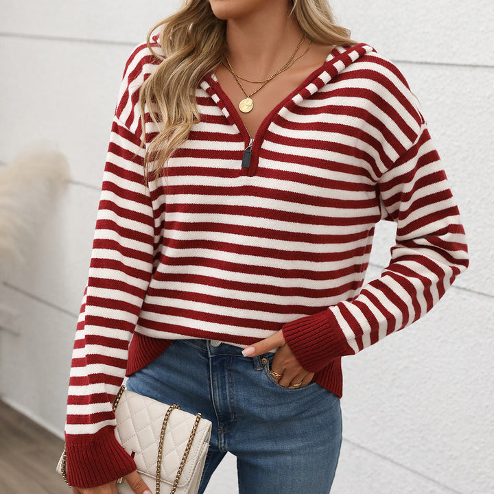Women's Striped Hoodie with Half Zip and Ribbed Cuffs Mune Fashion