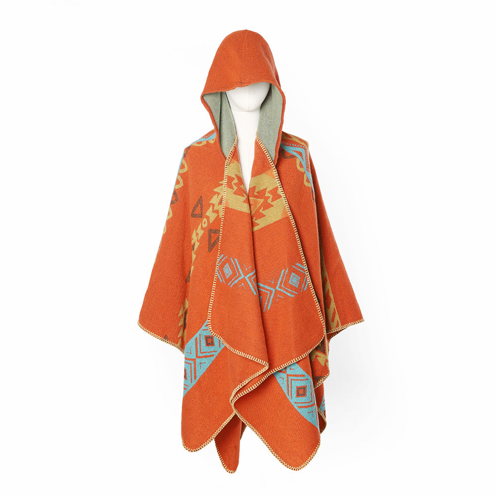 Women's Hooded Cape made of Wool Blend with Graphic Aztec Pattern Mune Fashion