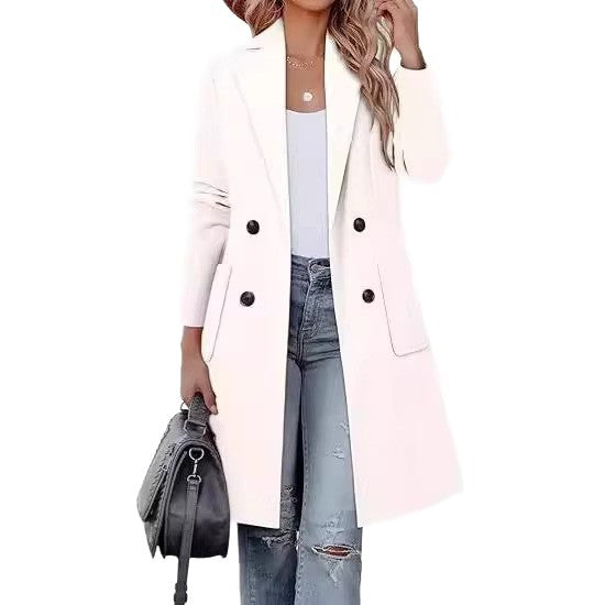 Women's Double-Breasted Long Blazer Coat with Patch Pockets and Tailored Silhouette Drune