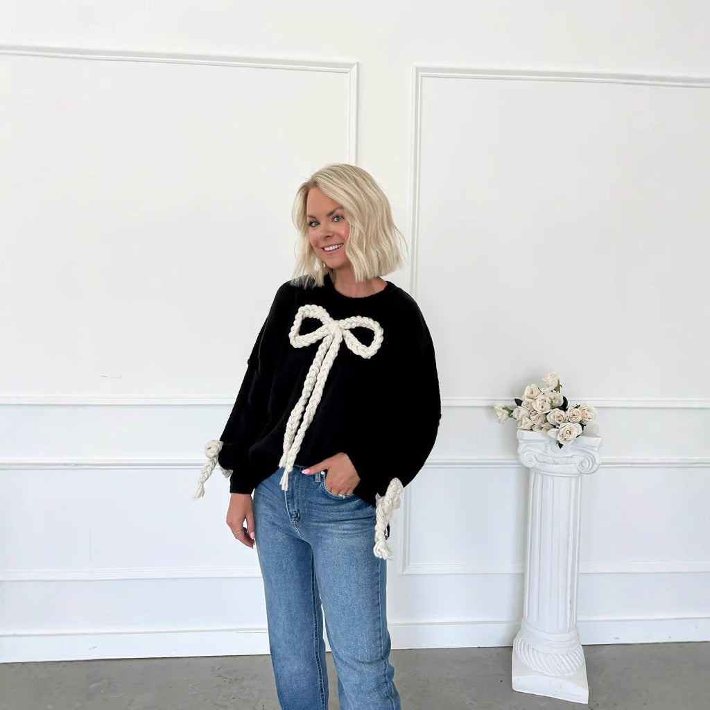 Ladies' Fashionable Sweater with Decorative Knot Design