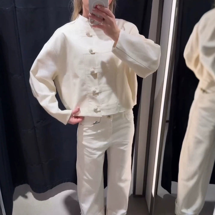Women's Short Boxy Jacket with Mandarin Collar and Decorative Knot Button Placket Mune Fashion