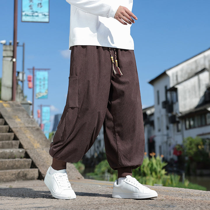 Men's Wide-Fit Harem Jogging Pants made of Fine Cord with Decorative Tassel Drawstring Mune Fashion