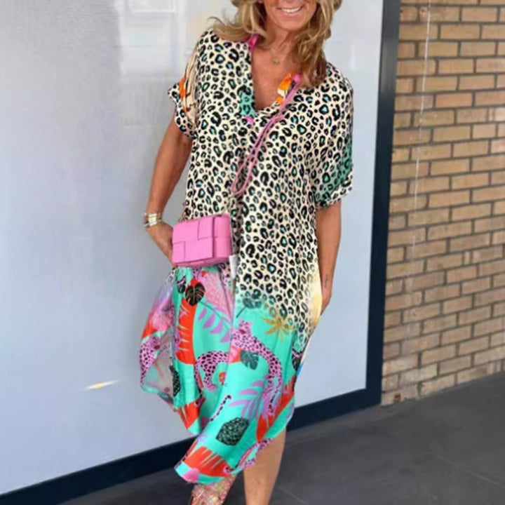 Women's loosely fitted V-neck midi dress with leopard and tropical print Mune Fashion