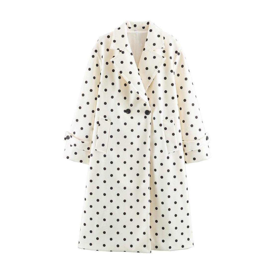 Women's Polka Dot Midi Trench Coat with Double-Breasted Button Placket Drune