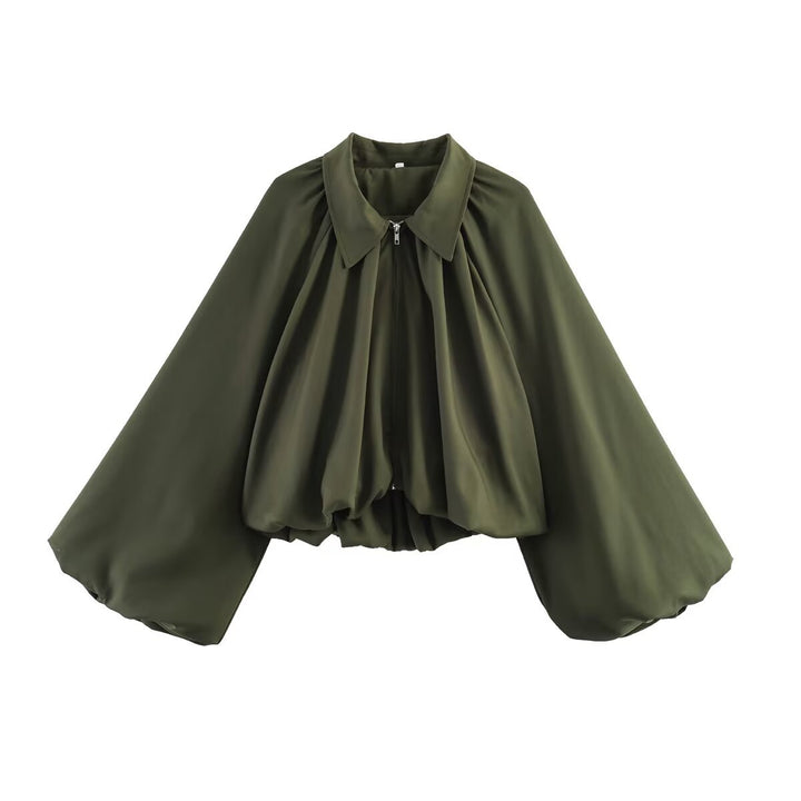 Women Cropped Blouse Jacket with Shirt Collar, Gathered Yoke and Wide Volume Sleeve Mune Fashion