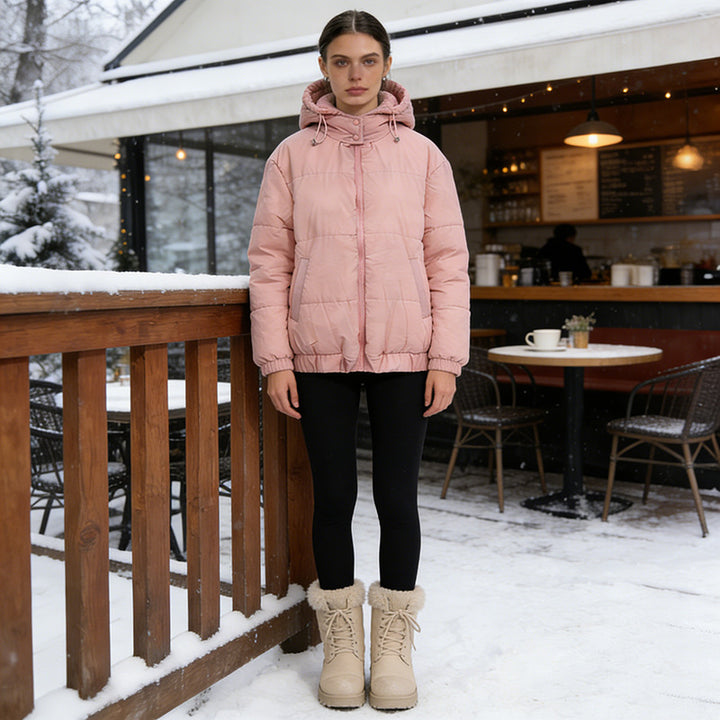 Women's Padded Quilted Jacket with Volume Hood, Elastic Hem and Adjustable Waist Mune Fashion
