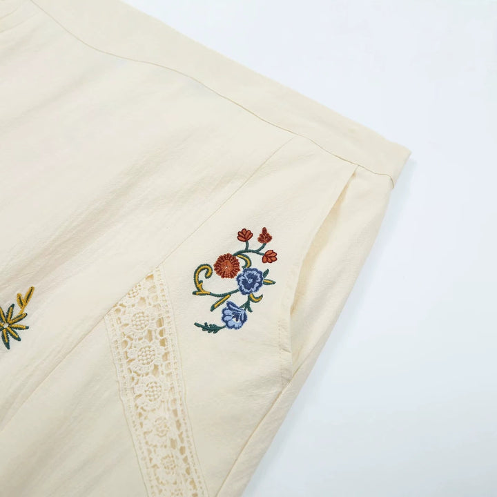 Women's Loose-Fitting Boho Pants with Floral Embroidery, Lace Inserts, and Elastic Cuffs