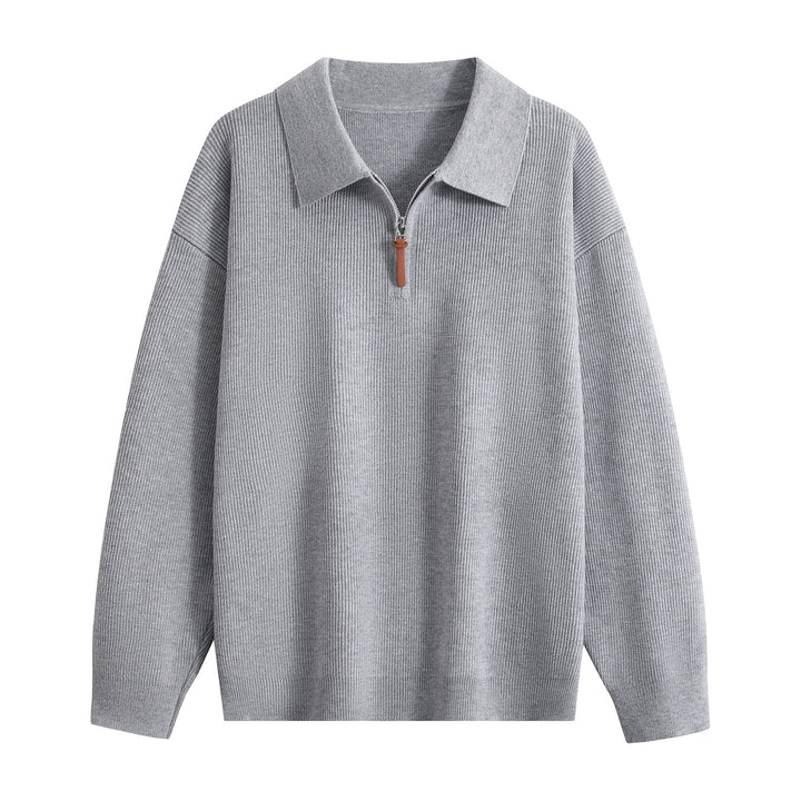 Women's Oversized Ribbed Sweater with Polo Collar & Short Zip Mune Fashion