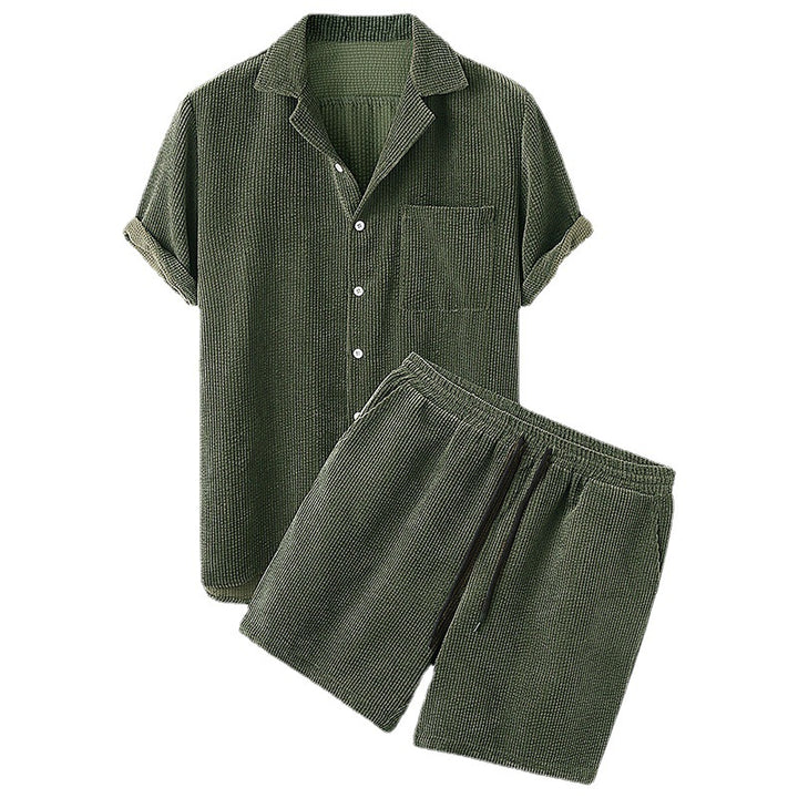 Men's short-sleeve leisure set with waffle texture, lapel collar and drawstring pants Mune Fashion