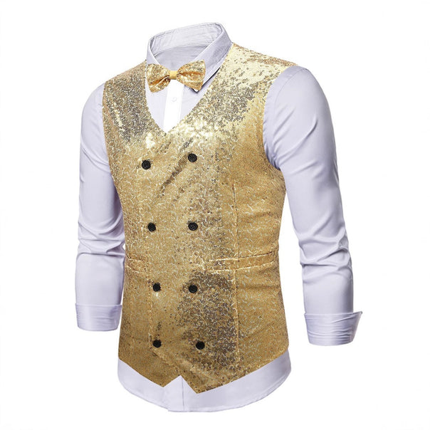 Men's Double-Breasted Vest with Sequins and Tailored Fit Mune Fashion