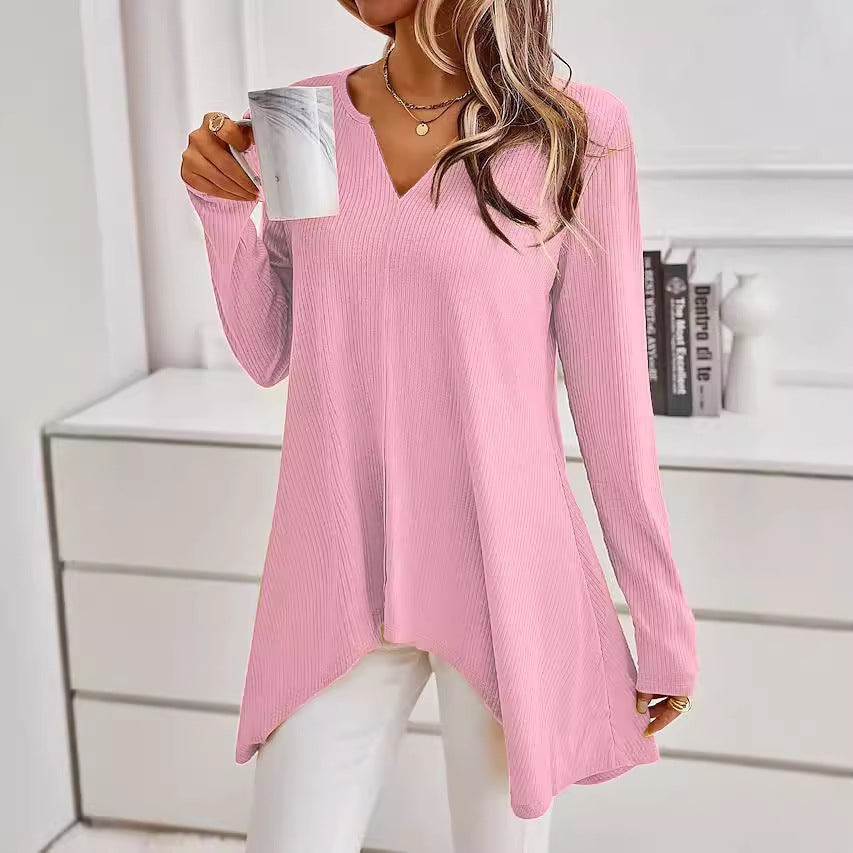 Women's Ribbed Long Sleeve Tunic with V-Neck and Asymmetrical Shark Hem Mune Fashion