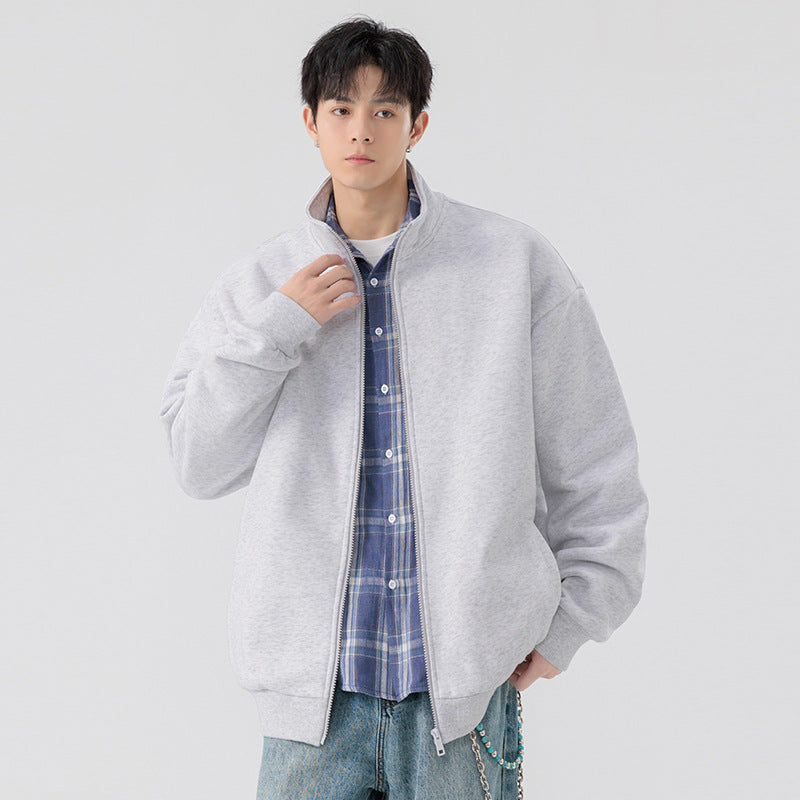 Men's Oversize Sweat Jacket with Stand-Up Collar, Full-Length Zipper and Ribbed Hem Mune Fashion